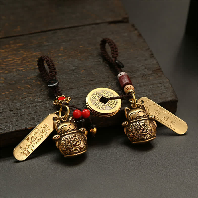 Buddha Stones Porte-clés en laiton représentant un chat porte-bonheur et une pièce chinoise de richesse - image 12