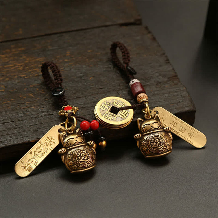 Buddha Stones Porte-clés en laiton représentant un chat porte-bonheur et une pièce chinoise de richesse - image 12