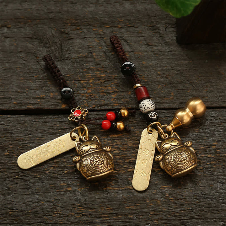 Buddha Stones Porte-clés en laiton représentant un chat porte-bonheur et une pièce chinoise de richesse - image 11