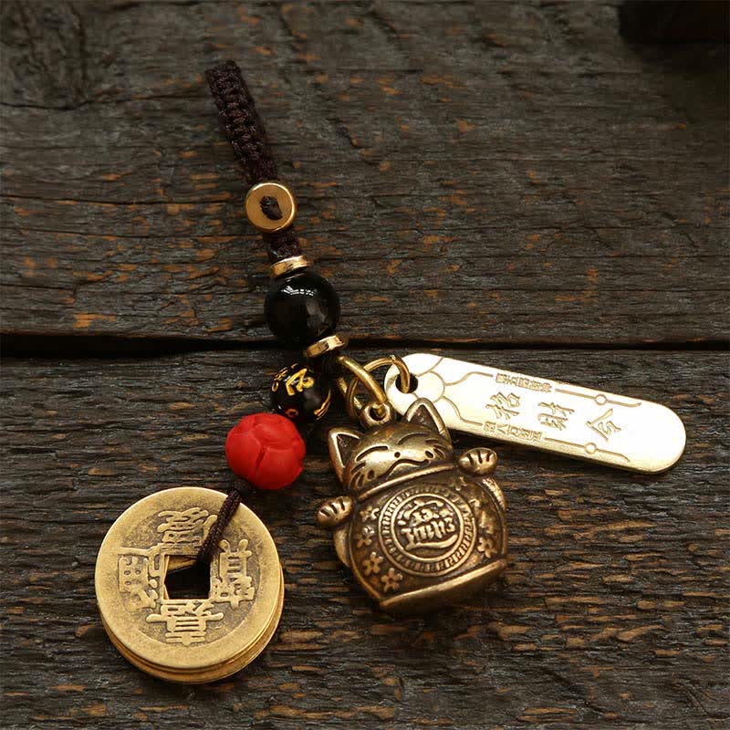 Buddha Stones Porte-clés en laiton représentant un chat porte-bonheur et une pièce chinoise de richesse - Pièces de monnaie à perles noires et rouges - image 3