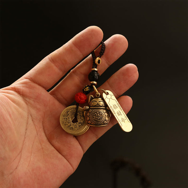 Buddha Stones Porte-clés en laiton représentant un chat porte-bonheur et une pièce chinoise de richesse - image 8