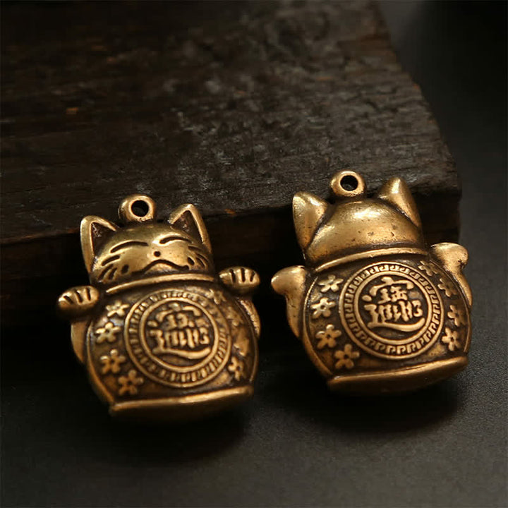 Buddha Stones Porte-clés en laiton représentant un chat porte-bonheur et une pièce chinoise de richesse - image 15
