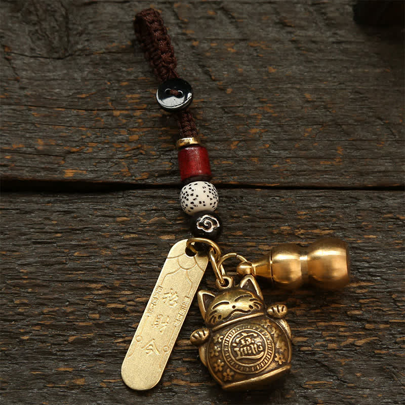 Buddha Stones Porte-clés en laiton représentant un chat porte-bonheur et une pièce chinoise de richesse - Gourde nuage de bon augure - image 1