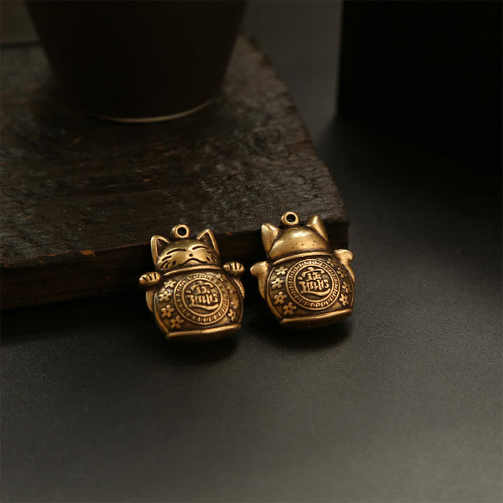 Buddha Stones Porte-clés en laiton représentant un chat porte-bonheur et une pièce chinoise de richesse - image 14