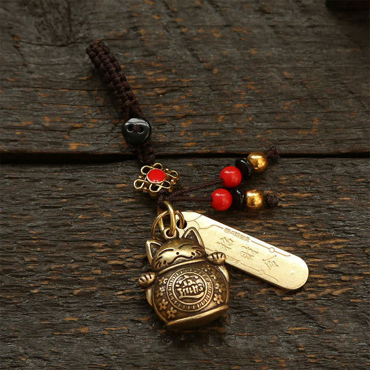 Buddha Stones Porte-clés en laiton représentant un chat porte-bonheur et une pièce chinoise de richesse - Pièces de monnaie en perles rouges - image 9
