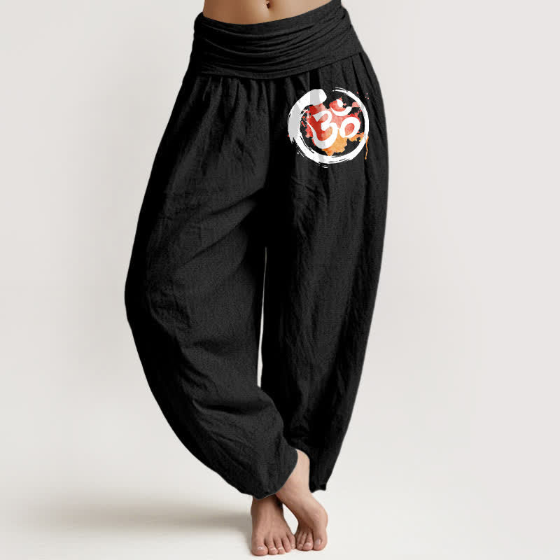 Buddha Stones Pantalon harem pour femme en pur coton, motif cercle noir et symbole rouge, taille élastique - Noir - US16，UK/AU20，EU48 (3XL) - image 5
