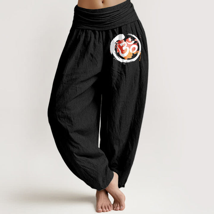 Buddha Stones Pantalon harem pour femme en pur coton, motif cercle noir et symbole rouge, taille élastique - Noir - US16，UK/AU20，EU48 (3XL) - image 5