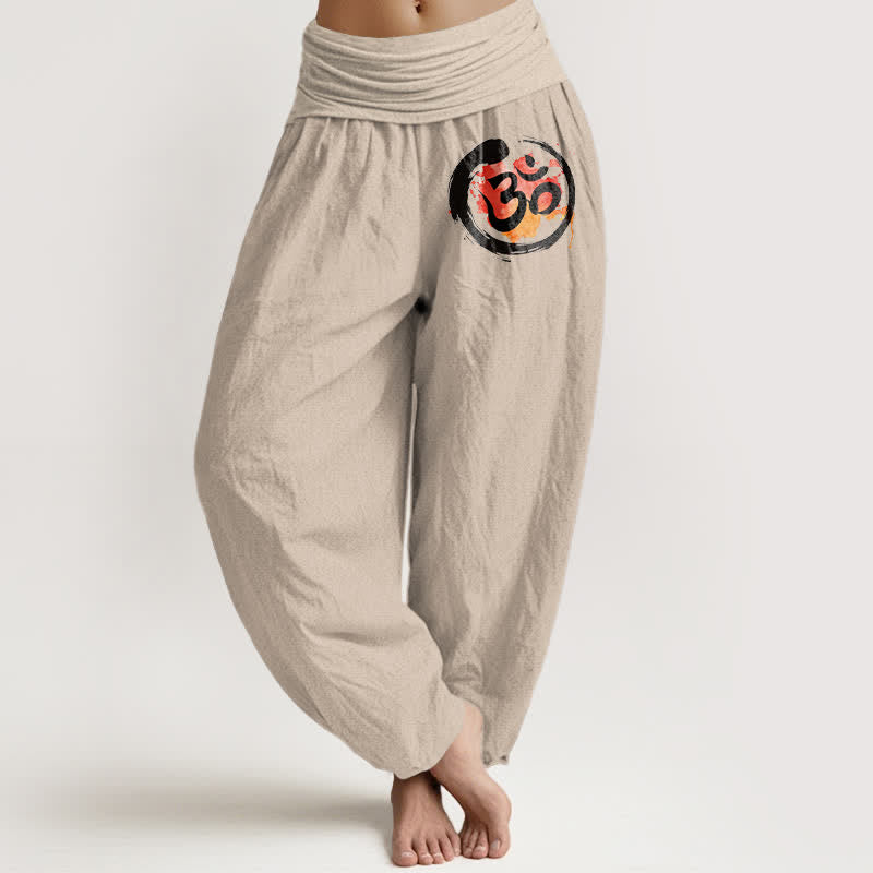 Buddha Stones Pantalon harem pour femme en pur coton, motif cercle noir et symbole rouge, taille élastique - Tanné - US16，UK/AU20，EU48 (3XL) - image 0