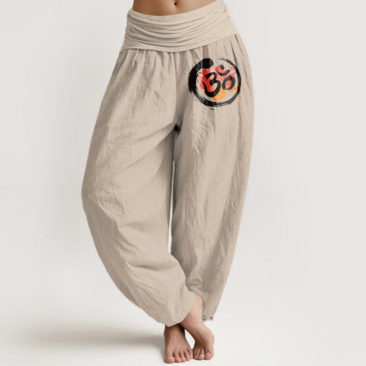 Buddha Stones Pantalon harem pour femme en pur coton, motif cercle noir et symbole rouge, taille élastique - Tanné - US16，UK/AU20，EU48 (3XL) - image 0