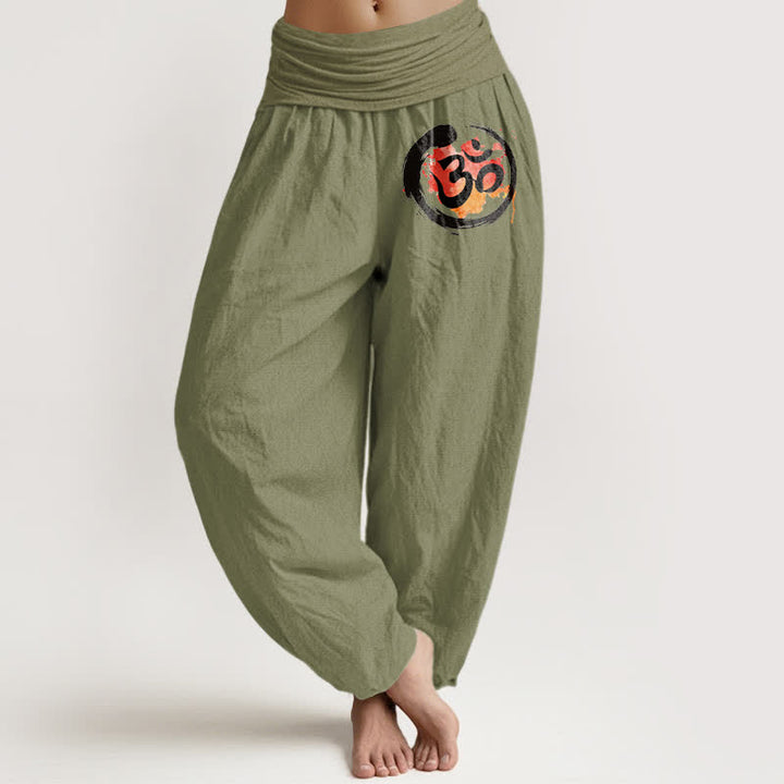 Buddha Stones Pantalon harem pour femme en pur coton, motif cercle noir et symbole rouge, taille élastique - Vert olive - US16，UK/AU20，EU48 (3XL) - image 14
