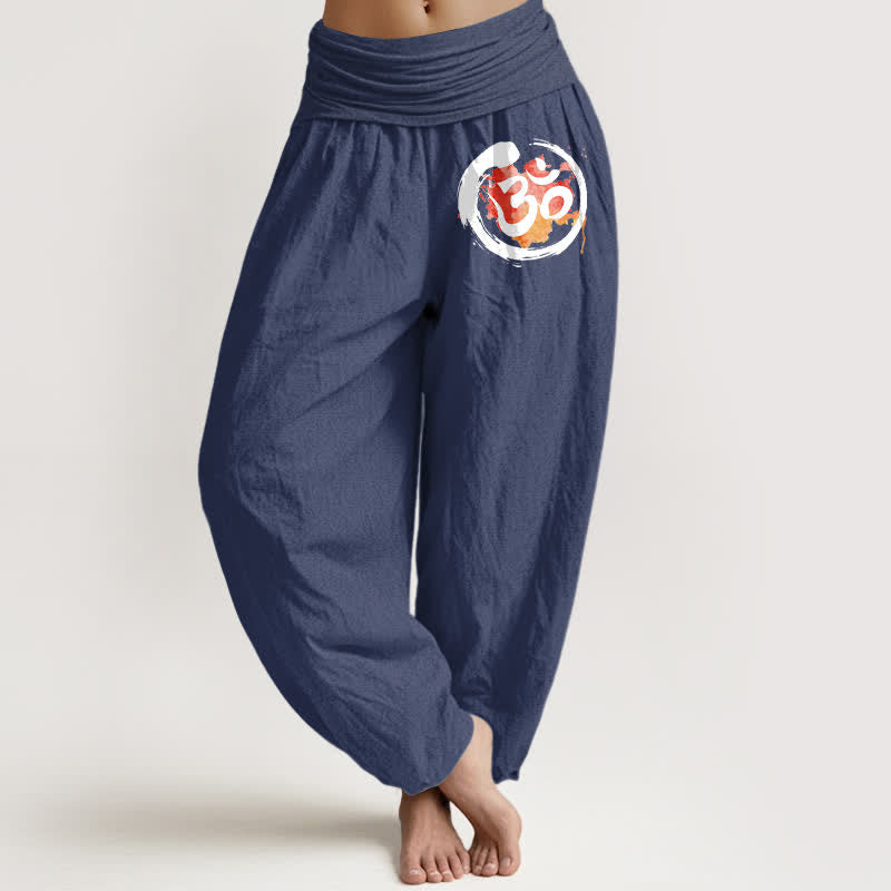 Buddha Stones Pantalon harem pour femme en pur coton, motif cercle noir et symbole rouge, taille élastique - Bleu ardoise foncé - US16，UK/AU20，EU48 (3XL) - image 8