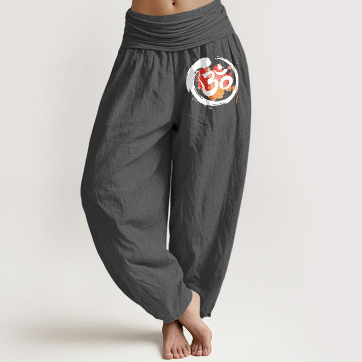 Buddha Stones Pantalon harem pour femme en pur coton, motif cercle noir et symbole rouge, taille élastique - Gris sombre - US16，UK/AU20，EU48 (3XL) - image 11