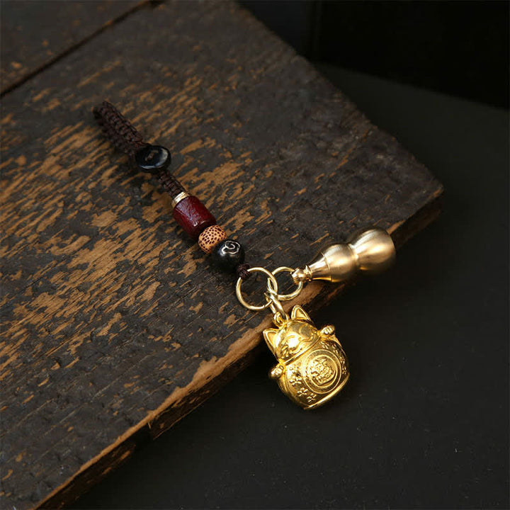 Buddha Stones Porte-clés tressés en cuivre en forme de chat porte-bonheur chinois Pi Xiu - Corde de nuage Gourde - image 2