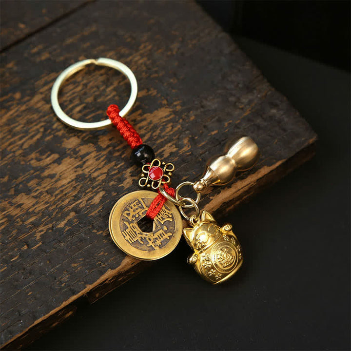 Buddha Stones Porte-clés tressés en cuivre en forme de chat porte-bonheur chinois Pi Xiu - Pièces de monnaie en gourde rouge - image 4
