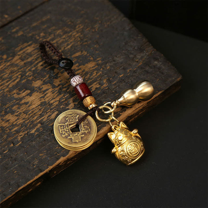 Buddha Stones Porte-clés tressés en cuivre en forme de chat porte-bonheur chinois Pi Xiu - Pièces de monnaie en gourde - image 3