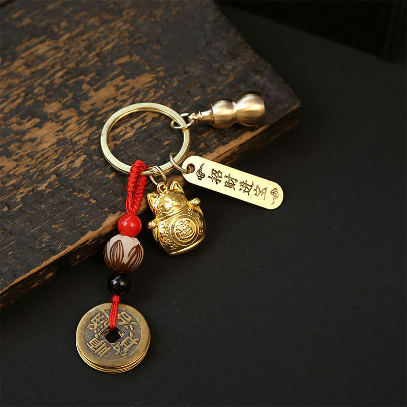 Buddha Stones Porte-clés tressés en cuivre en forme de chat porte-bonheur chinois Pi Xiu - Pièces de monnaie en courge Bodhi - image 10