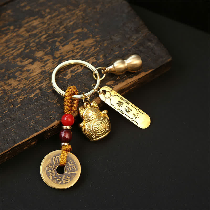 Buddha Stones Porte-clés tressés en cuivre en forme de chat porte-bonheur chinois Pi Xiu - Pièces de monnaie en calebasses à cordon jaune - image 9