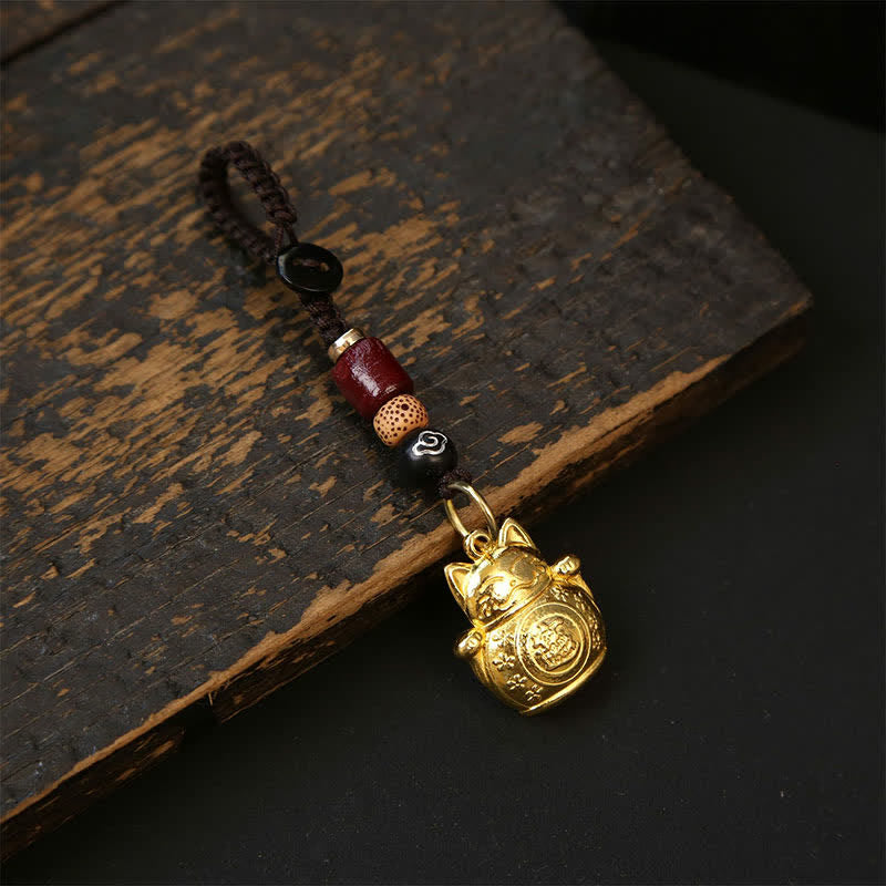 Buddha Stones Porte-clés tressés en cuivre en forme de chat porte-bonheur chinois Pi Xiu - Cordon nuageux - image 1