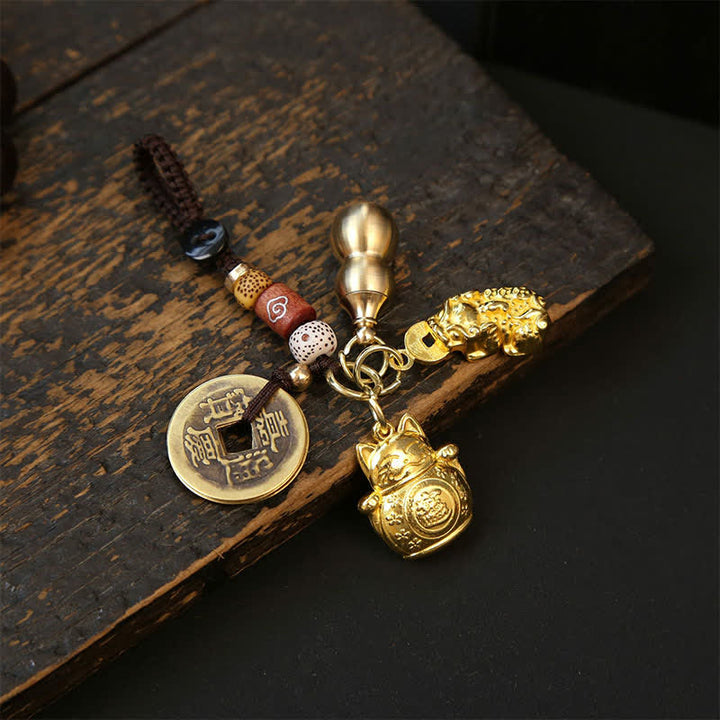Buddha Stones Porte-clés tressés en cuivre en forme de chat porte-bonheur chinois Pi Xiu - Pièces de monnaie en forme de gourde Pi Xiu - image 0