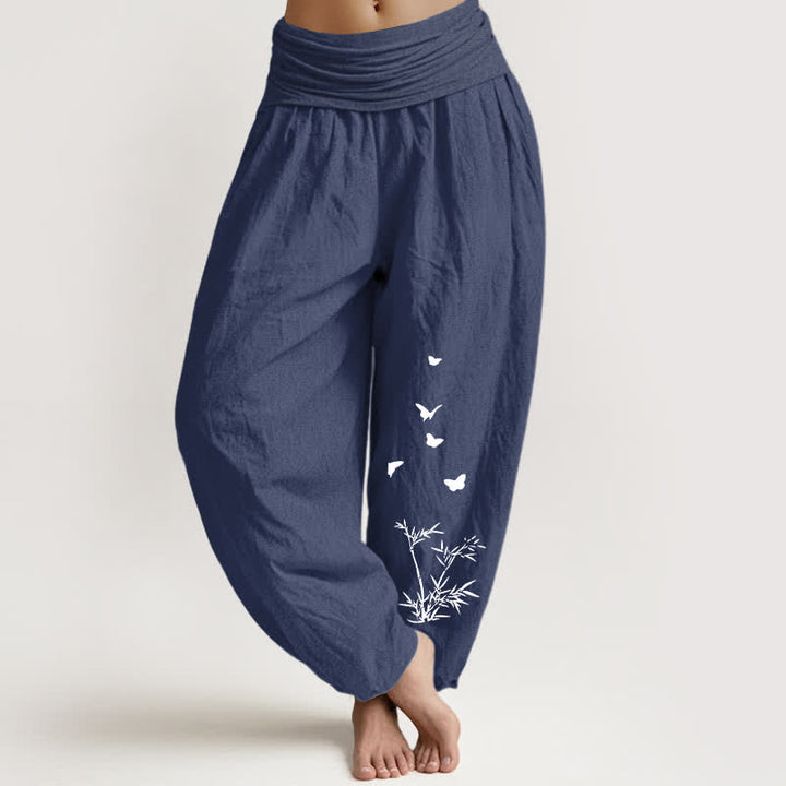 Buddha Stones Pantalon harem pour femme en pur coton à motif papillon et feuille de bambou, taille élastique - Bleu ardoise foncé - US16，UK/AU20，EU48 (3XL) - image 0