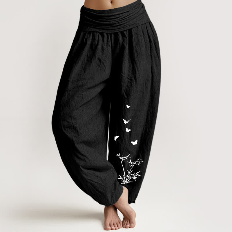 Buddha Stones Pantalon harem pour femme en pur coton à motif papillon et feuille de bambou, taille élastique - Noir - US16，UK/AU20，EU48 (3XL) - image 11