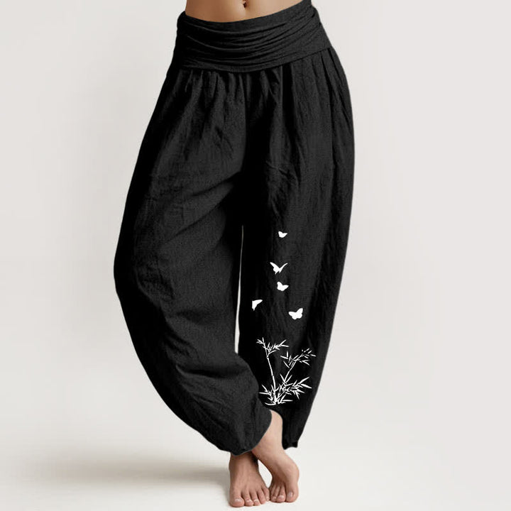 Buddha Stones Pantalon harem pour femme en pur coton à motif papillon et feuille de bambou, taille élastique - Noir - US16，UK/AU20，EU48 (3XL) - image 11