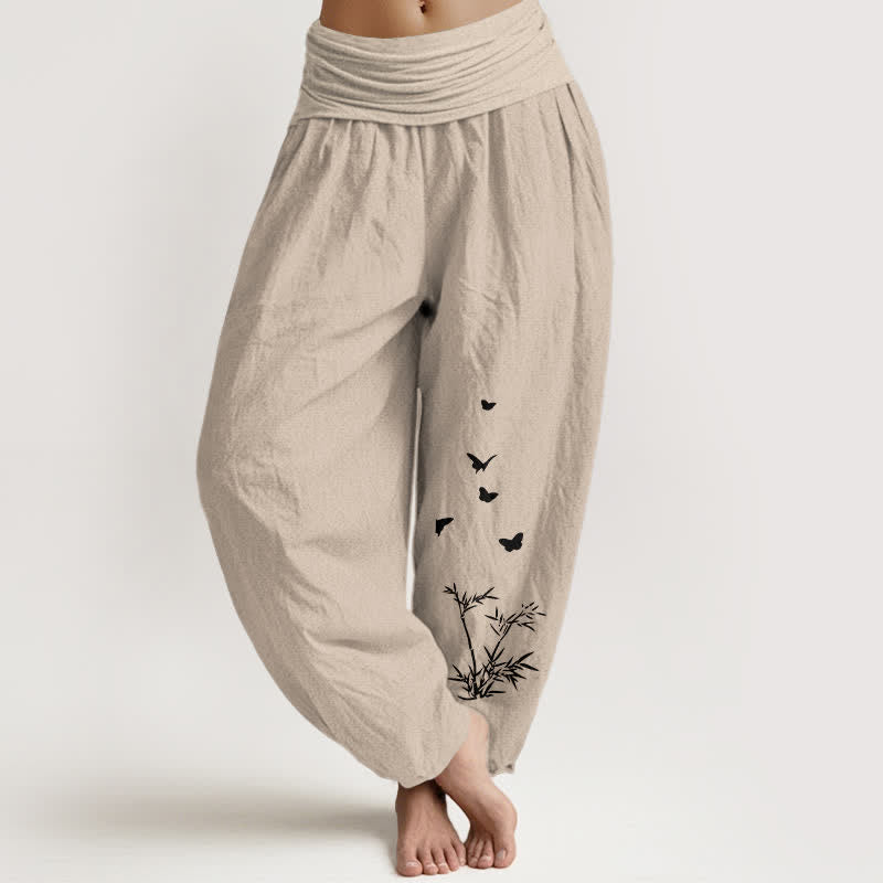 Buddha Stones Pantalon harem pour femme en pur coton à motif papillon et feuille de bambou, taille élastique - Tanné - US16，UK/AU20，EU48 (3XL) - image 14