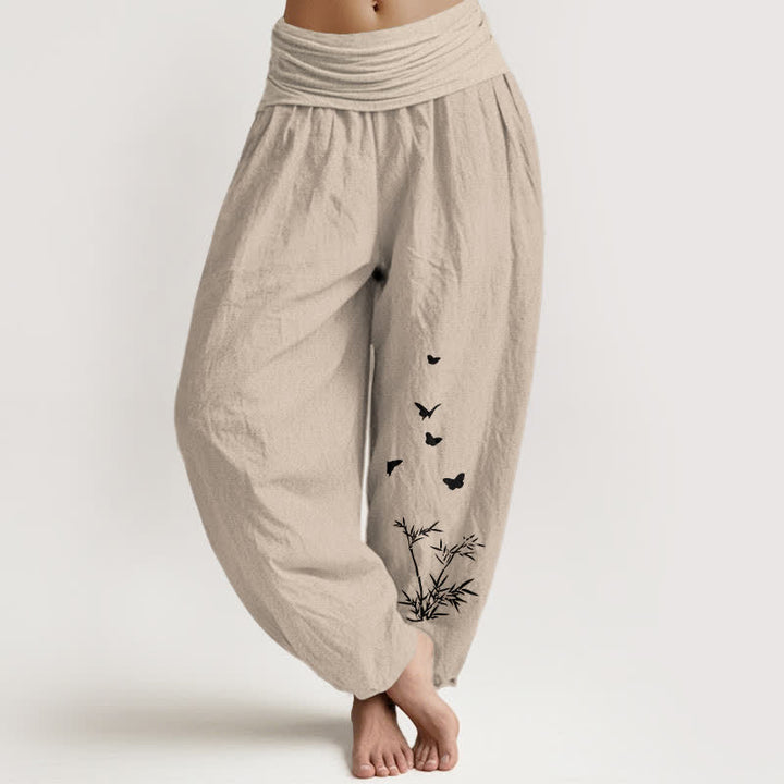 Buddha Stones Pantalon harem pour femme en pur coton à motif papillon et feuille de bambou, taille élastique - Tanné - US16，UK/AU20，EU48 (3XL) - image 14
