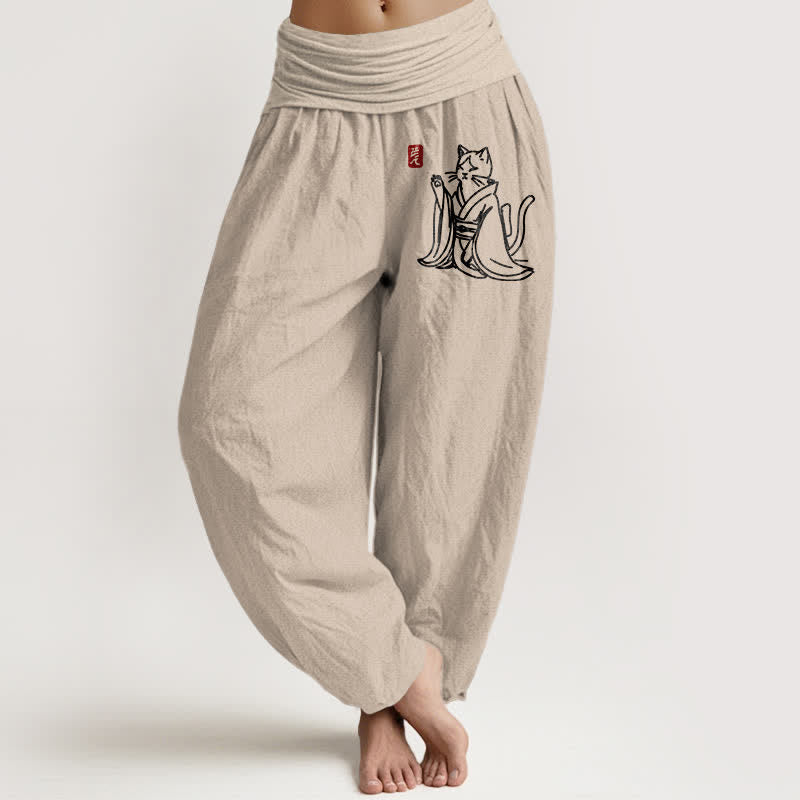 Buddha Stones Pantalon harem pour femme en pur coton à motif chat zen et taille élastique - Tanné - US16，UK/AU20，EU48 (3XL) - image 0