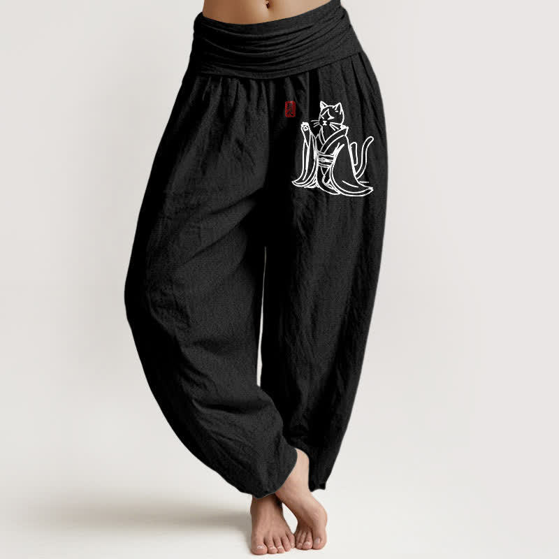 Buddha Stones Pantalon harem pour femme en pur coton à motif chat zen et taille élastique - Noir - US16，UK/AU20，EU48 (3XL) - image 14