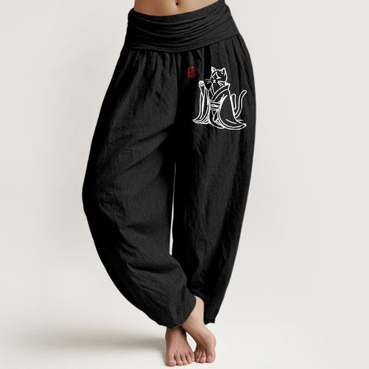 Buddha Stones Pantalon harem pour femme en pur coton à motif chat zen et taille élastique - Noir - US16，UK/AU20，EU48 (3XL) - image 14