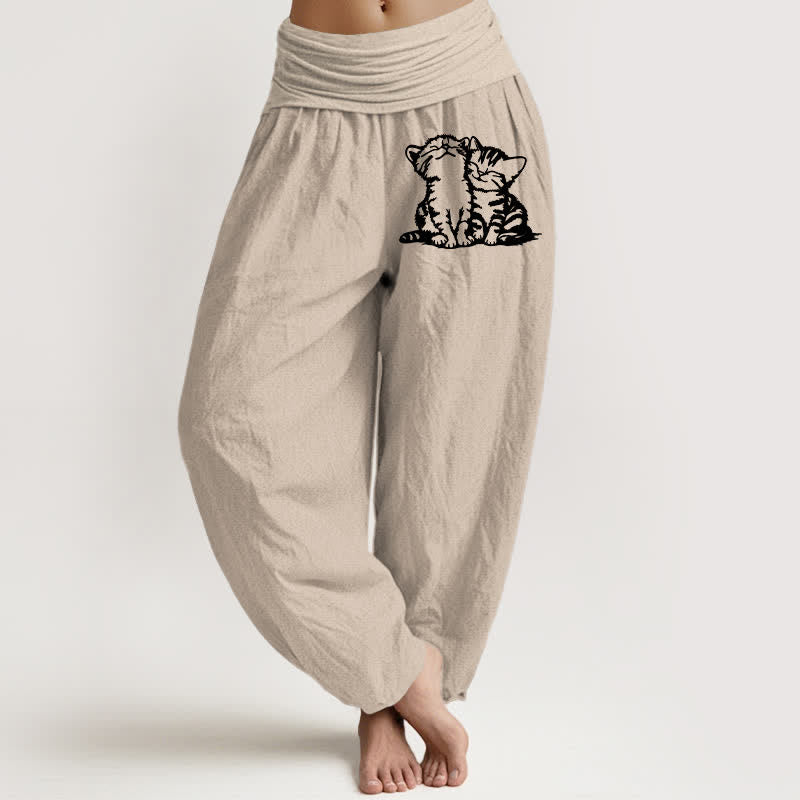 Buddha Stones Pantalon harem à taille élastique pour femme, motif chat blanc en pur coton - Tanné - US16，UK/AU20，EU48 (3XL) - image 14