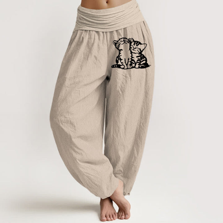 Buddha Stones Pantalon harem à taille élastique pour femme, motif chat blanc en pur coton - Tanné - US16，UK/AU20，EU48 (3XL) - image 14