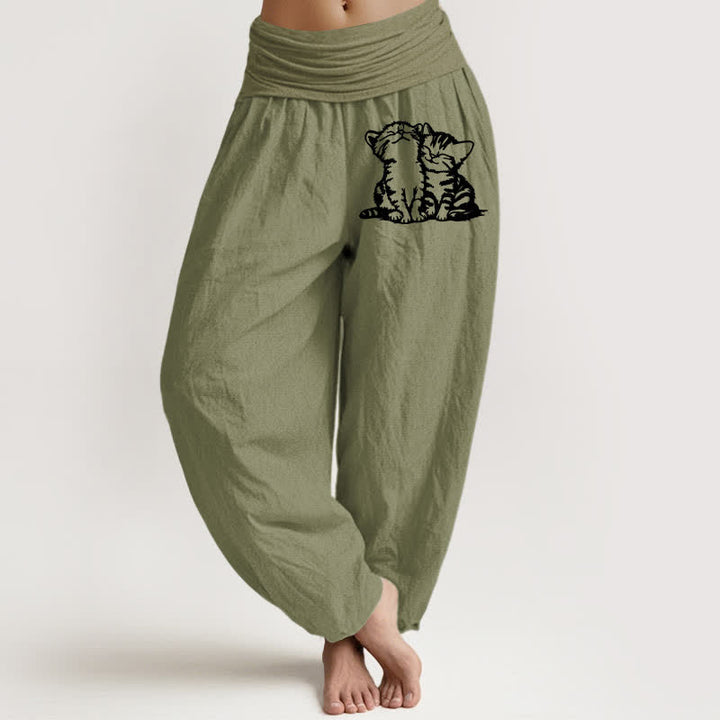 Buddha Stones Pantalon harem à taille élastique pour femme, motif chat blanc en pur coton - Vert olive - US16，UK/AU20，EU48 (3XL) - image 8