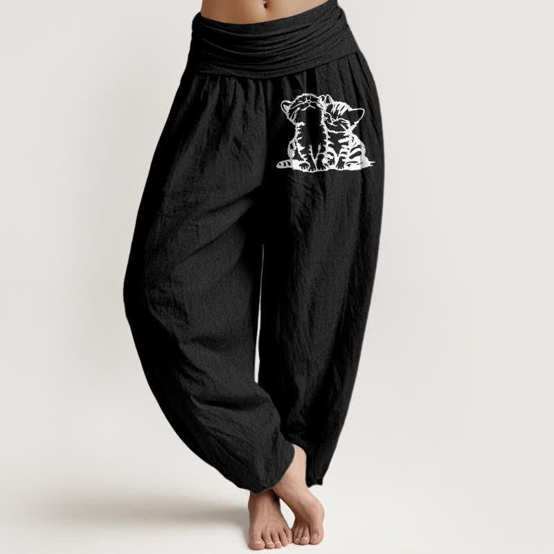 Buddha Stones Pantalon harem à taille élastique pour femme, motif chat blanc en pur coton - Noir - US16，UK/AU20，EU48 (3XL) - image 5