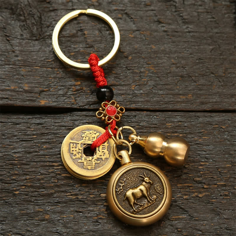 Buddha Stones Porte-clés en cuivre avec pièces du zodiaque chinois des Cinq Empereurs et cordon rouge, symbole de richesse - Chèvre - image 0