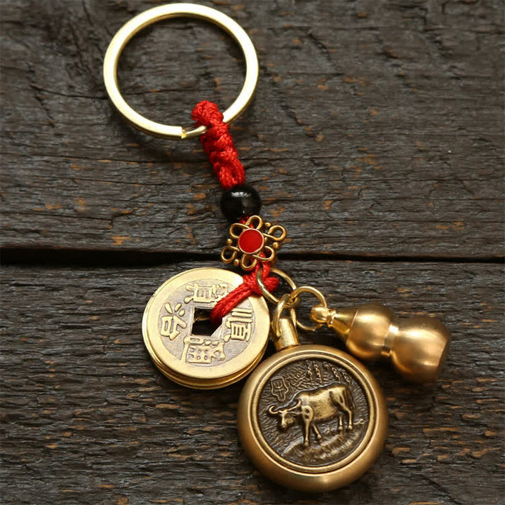 Buddha Stones Porte-clés en cuivre avec pièces du zodiaque chinois des Cinq Empereurs et cordon rouge, symbole de richesse - Bœuf - image 2