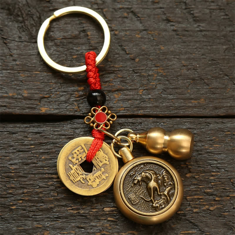 Buddha Stones Porte-clés en cuivre avec pièces du zodiaque chinois des Cinq Empereurs et cordon rouge, symbole de richesse - Tigre - image 3