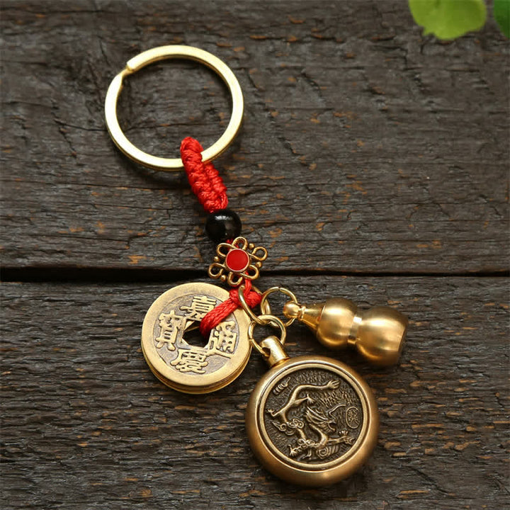Buddha Stones Porte-clés en cuivre avec pièces du zodiaque chinois des Cinq Empereurs et cordon rouge, symbole de richesse - Dragon - image 12