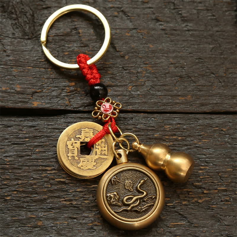 Buddha Stones Porte-clés en cuivre avec pièces du zodiaque chinois des Cinq Empereurs et cordon rouge, symbole de richesse - Serpent - image 13