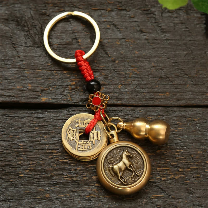 Buddha Stones Porte-clés en cuivre avec pièces du zodiaque chinois des Cinq Empereurs et cordon rouge, symbole de richesse - Cheval - image 14