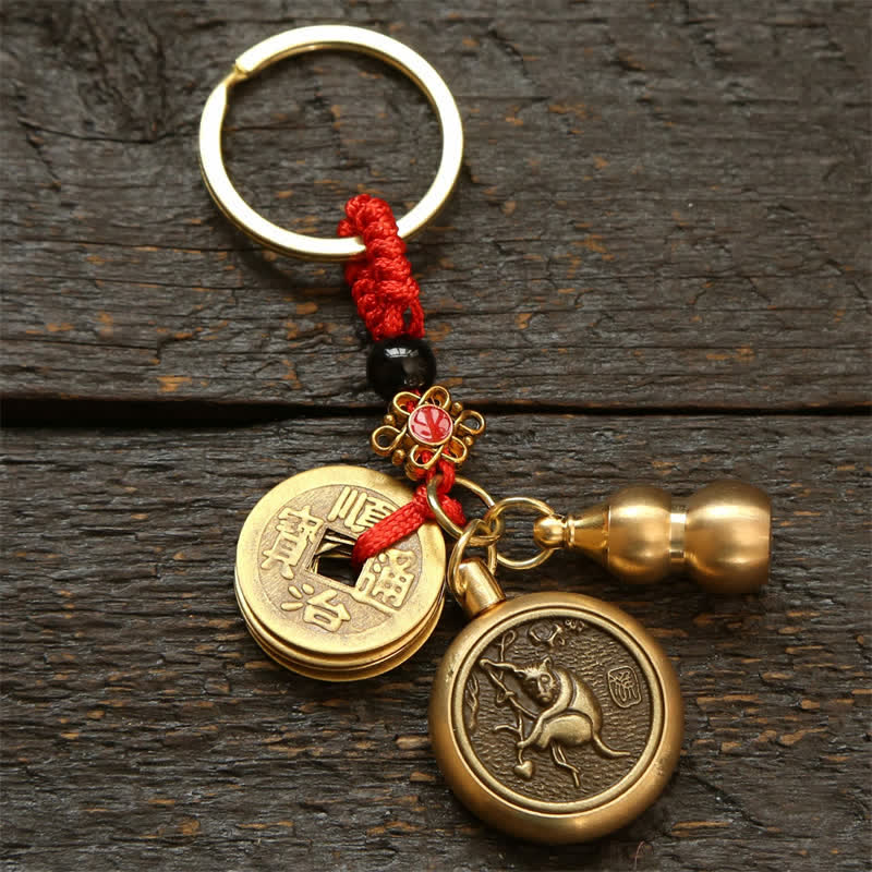 Buddha Stones Porte-clés en cuivre avec pièces du zodiaque chinois des Cinq Empereurs et cordon rouge, symbole de richesse - Singe - image 16