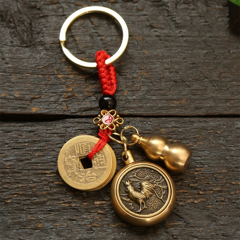 Buddha Stones Porte-clés en cuivre avec pièces du zodiaque chinois des Cinq Empereurs et cordon rouge, symbole de richesse - Coq - image 17