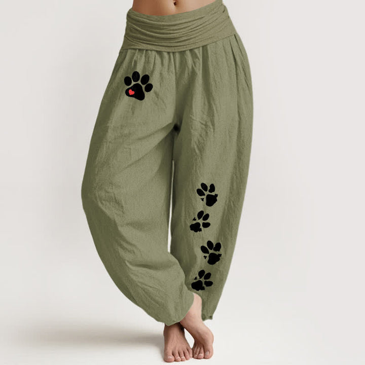 Buddha Stones Pantalon harem pour femme en pur coton blanc à motif empreintes de pattes et taille élastique - Vert olive - US16，UK/AU20，EU48 (3XL) - image 8