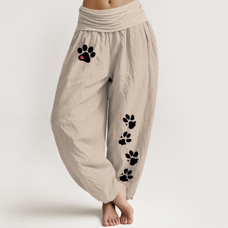 Buddha Stones Pantalon harem pour femme en pur coton blanc à motif empreintes de pattes et taille élastique - Tanné - US16，UK/AU20，EU48 (3XL) - image 14
