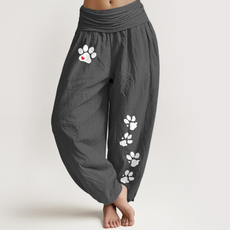 Buddha Stones Pantalon harem pour femme en pur coton blanc à motif empreintes de pattes et taille élastique - Gris terne - US16，UK/AU20，EU48 (3XL) - image 5