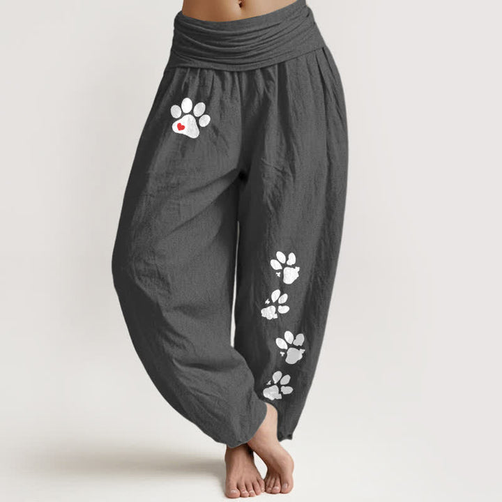 Buddha Stones Pantalon harem pour femme en pur coton blanc à motif empreintes de pattes et taille élastique - Gris terne - US16，UK/AU20，EU48 (3XL) - image 5