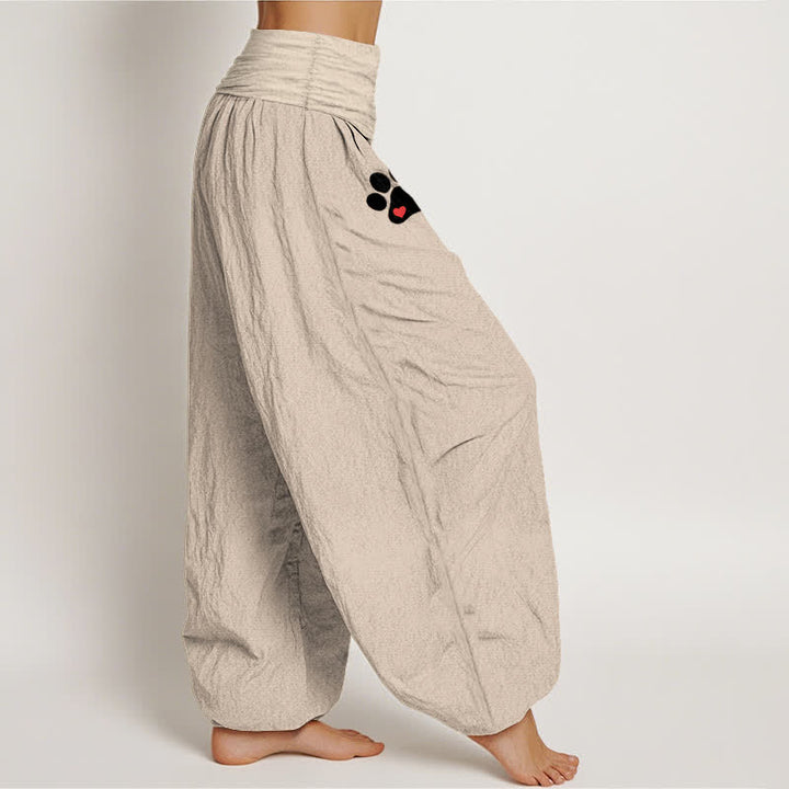 Buddha Stones Pantalon harem pour femme en pur coton blanc à motif empreintes de pattes et taille élastique - image 15