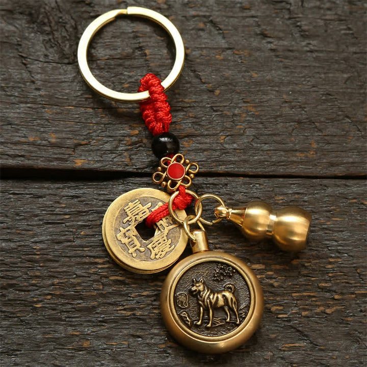 Buddha Stones Porte-clés en cuivre avec pièces du zodiaque chinois des Cinq Empereurs et cordon rouge, symbole de richesse - Chien - image 19