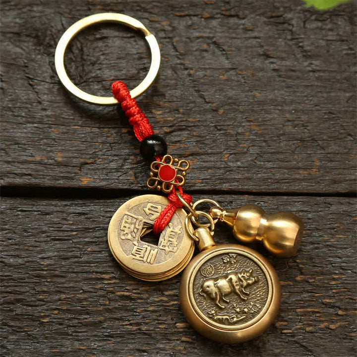 Buddha Stones Porte-clés en cuivre avec pièces du zodiaque chinois des Cinq Empereurs et cordon rouge, symbole de richesse - Cochon - image 20